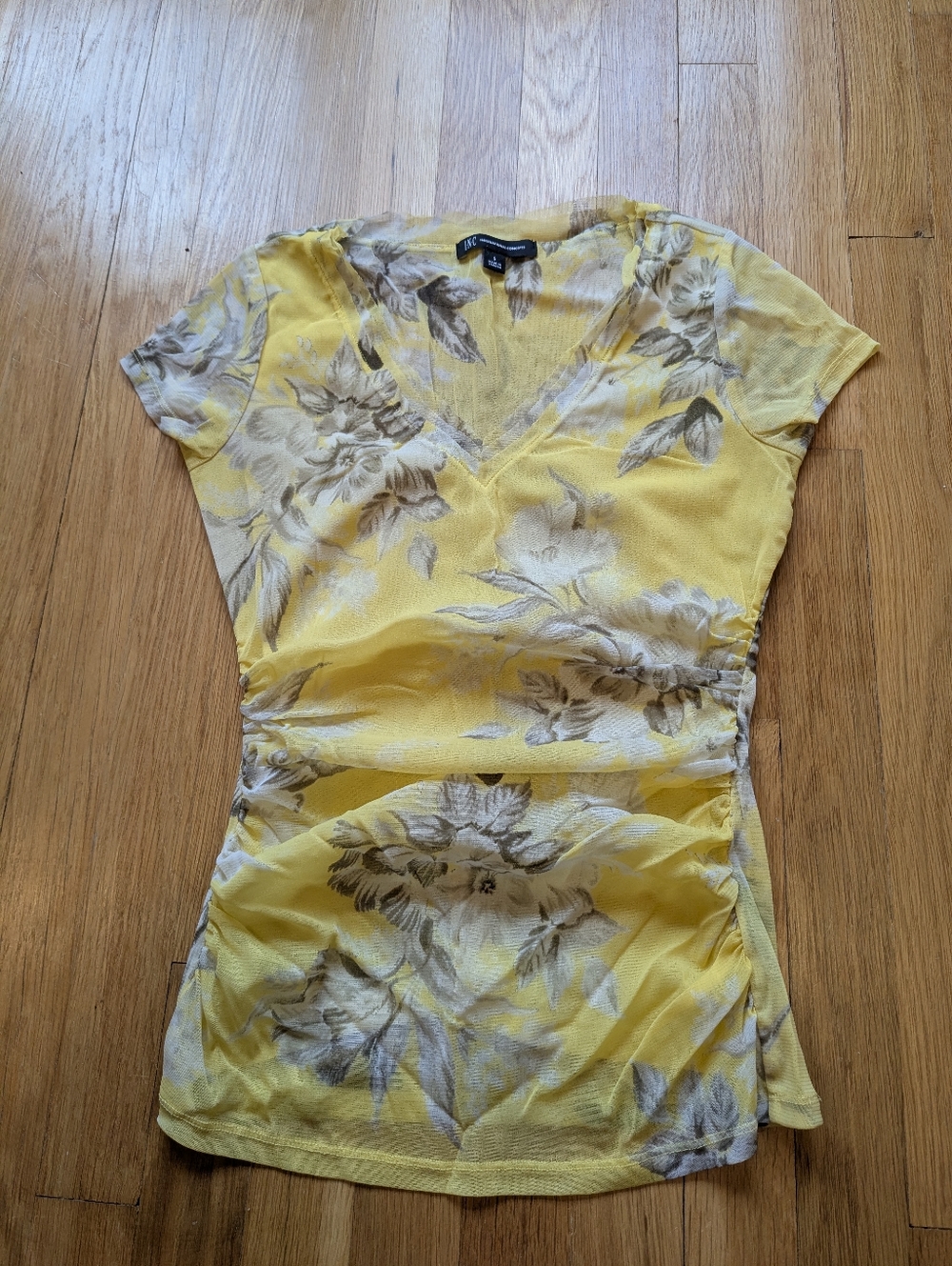 INC Yellow Floral V-Neck Short Sleeve Top with Gray Blossom Print